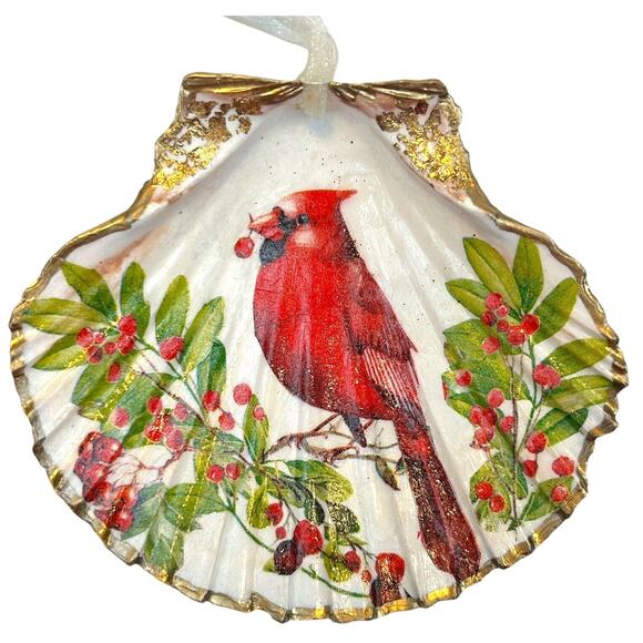 Hand Painted Red Cardinal Ornament Trinket Dish Sea Scallop Shell Holiday Gift - Picture 4 of 10